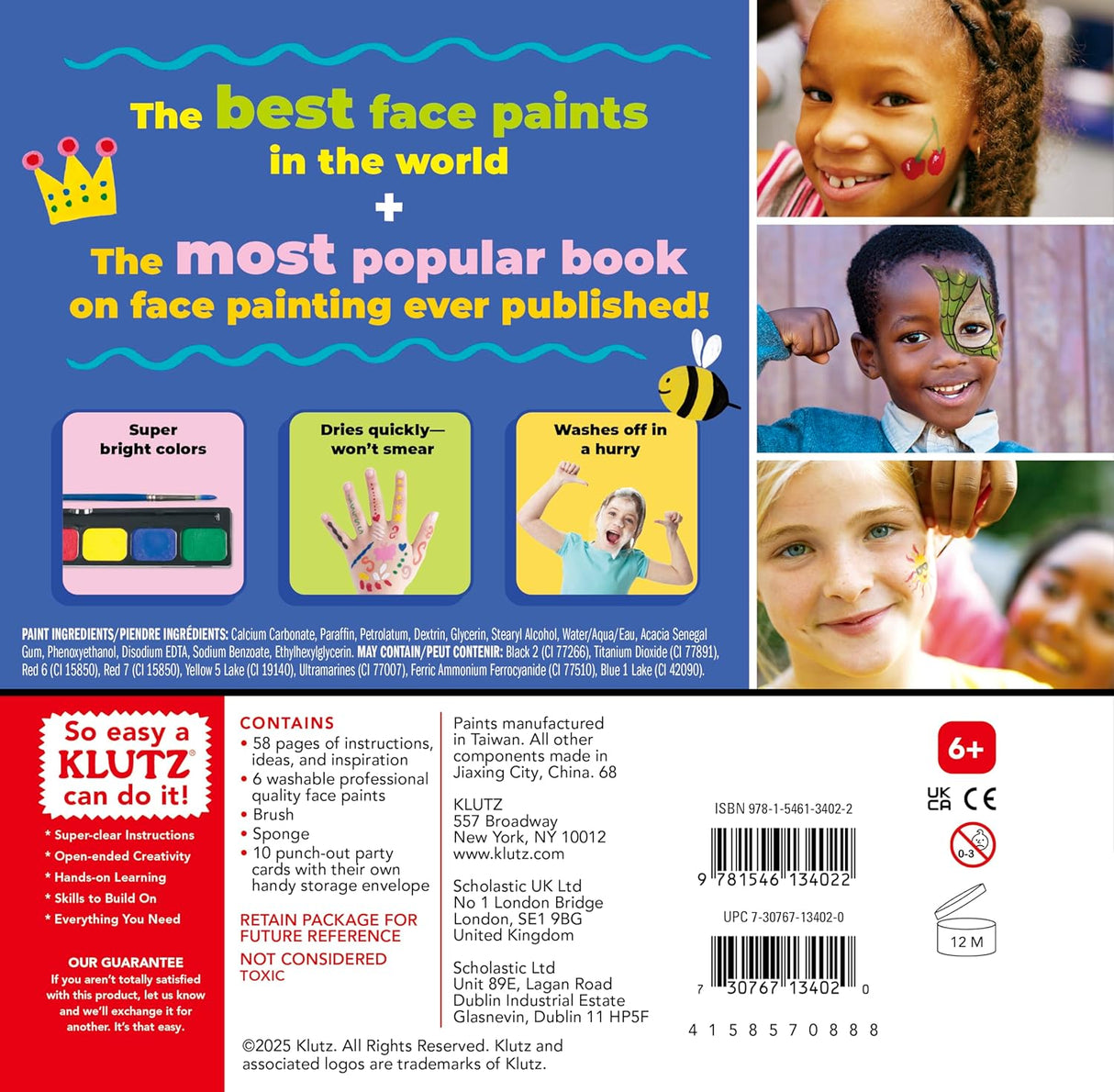 Face Painting kit with bright colors, quick-dry paints, brush, sponge, and fun designs for kids ages 6 and up.