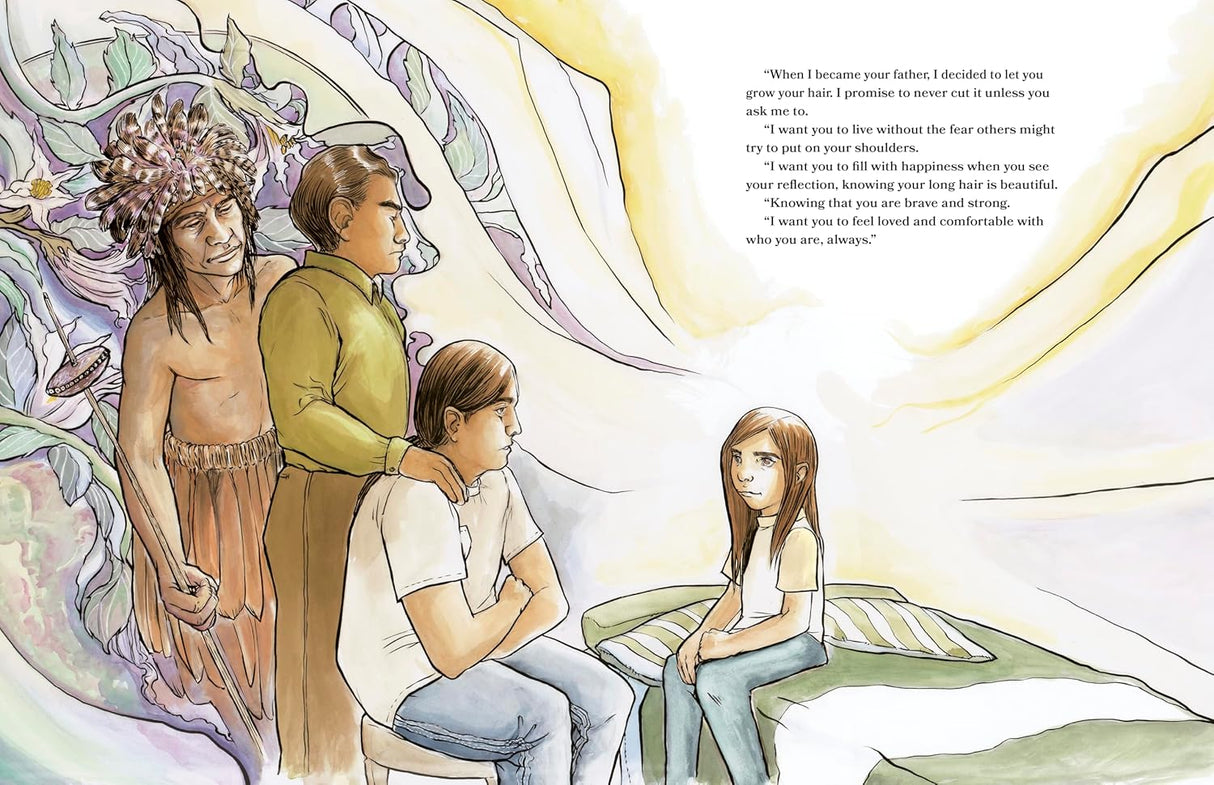 Brave book illustration shows a Native American boy with long hair and his father sharing stories of pride and strength.