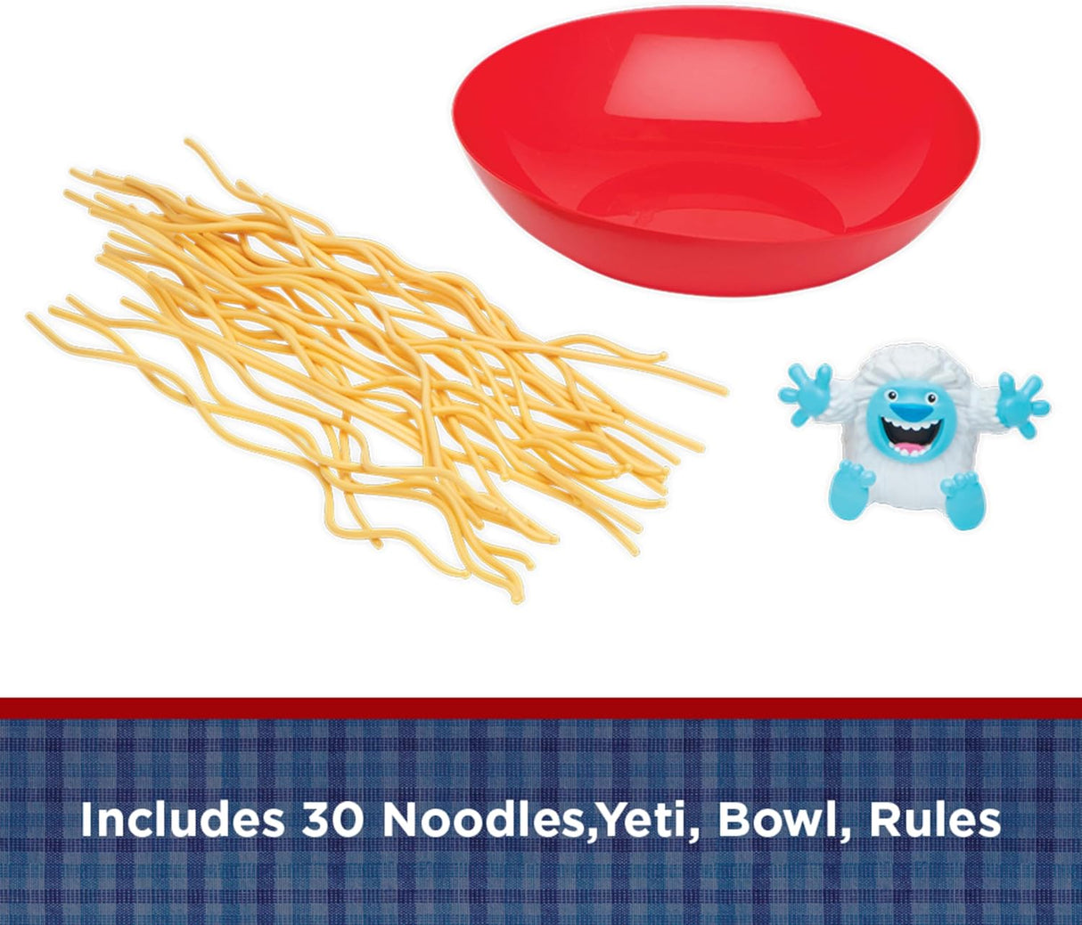 Yeti in My Spaghetti game with 30 yellow noodles, a red bowl, and a blue and white yeti figure.