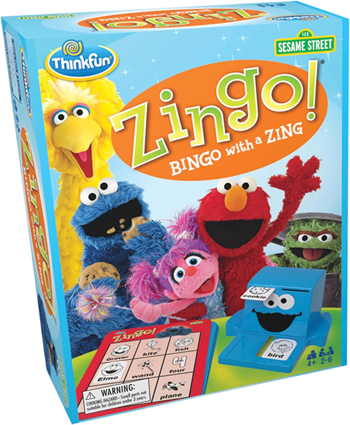 Zingo Sesame Street game box featuring characters and game pieces for kids ages 4+ by ThinkFun