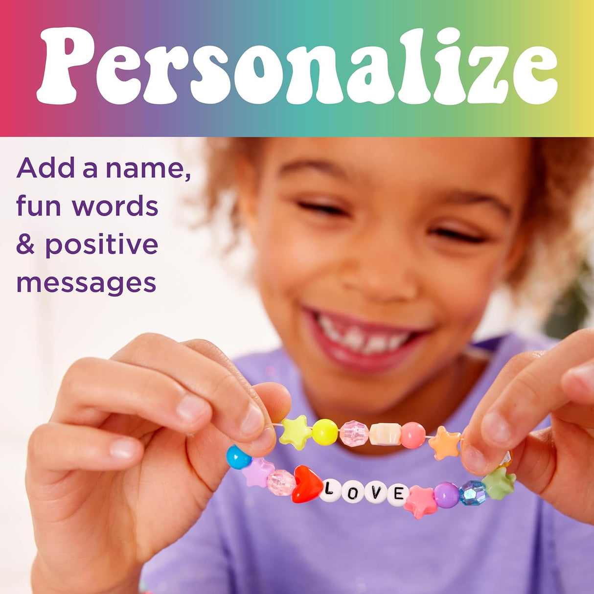 Bead Jewelry Jar | Rainbow with colorful beads spelling LOVE, held by a smiling child for creative fun and personalization.