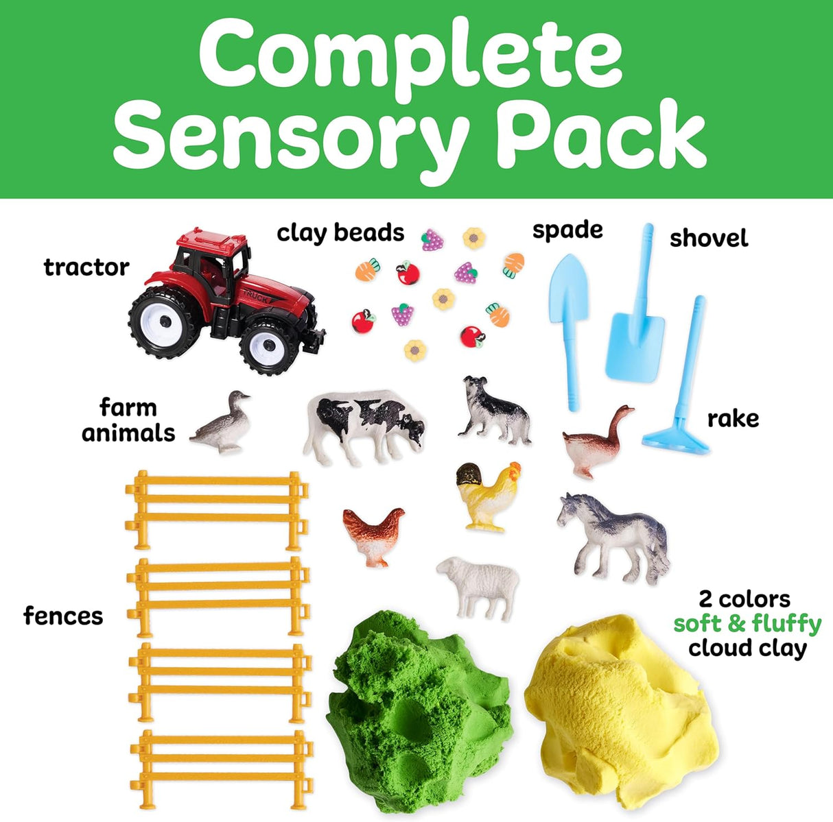 Sensory Pack | Farm with tractor, farm animals, fences, clay beads, tools, and soft fluffy cloud clay for hands-on play.