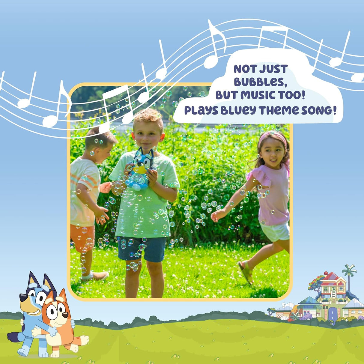 Children playing outdoors with the Bluey No-Spill Musical Bubble Machine blowing bubbles and playing music.
