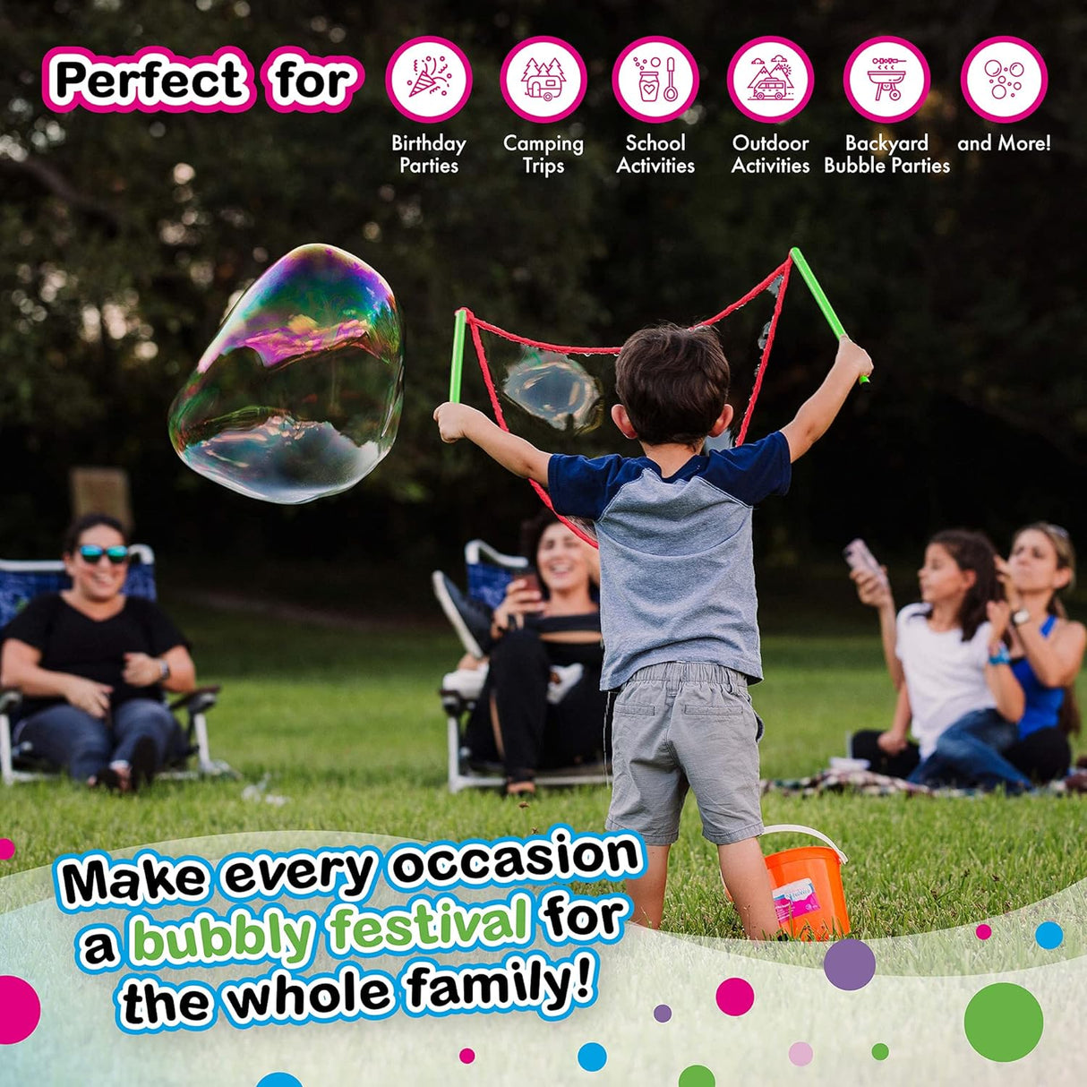 WOWmazing Giant Bubble Wand & Concentrate Kit creating giant bubbles at a fun outdoor family gathering.