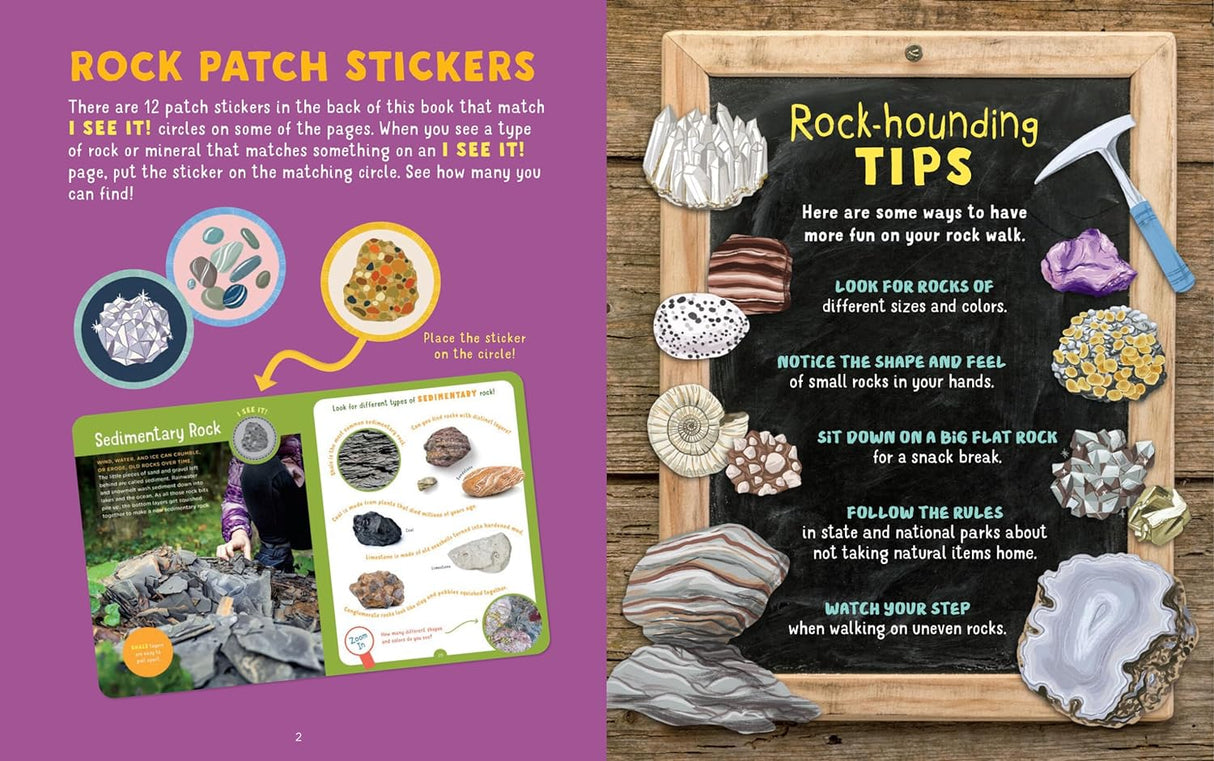 Backpack Explorer: Rock Hunt showing rock patch stickers and rock-hounding tips for young geologists.
