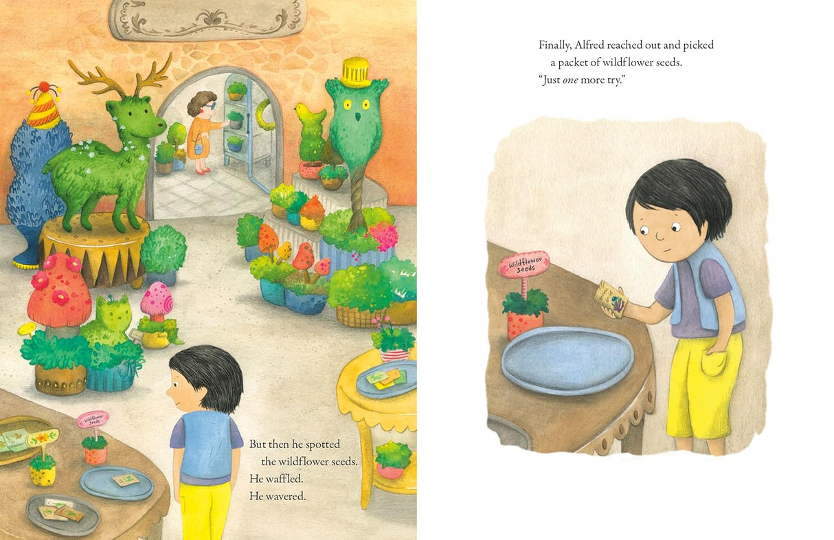 Alfred Blooms shows shy Alfred choosing wildflower seeds in a colorful, whimsical plant shop.