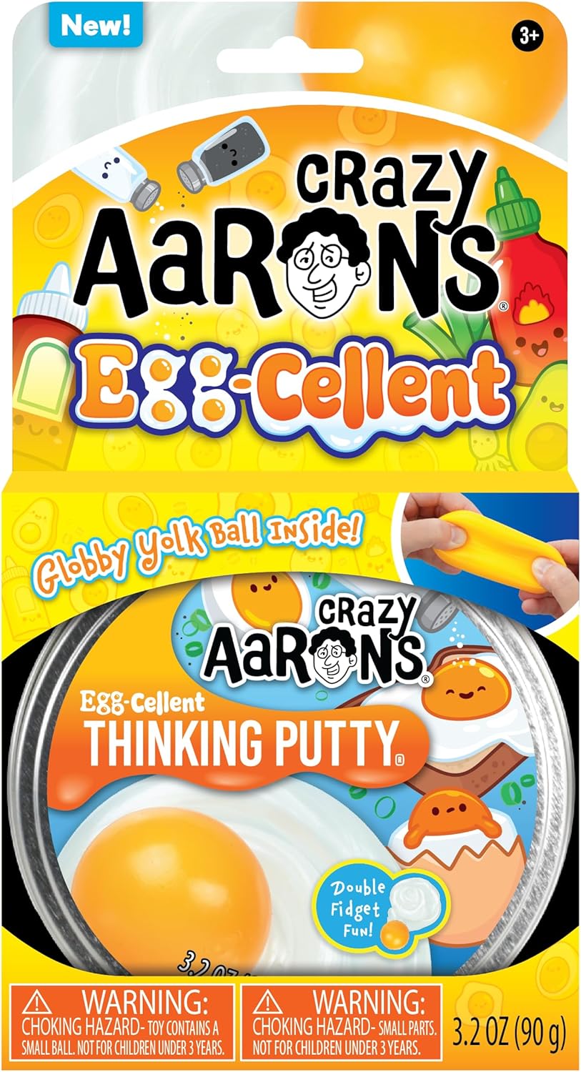 Crazy Aaron's Egg-cellent Thinking Putty with globby yolk ball for double the fidget fun and stretchy play.
