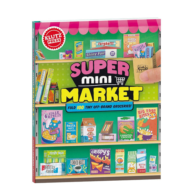 Super Mini Market papercraft kit with colorful punch-out grocery packages and display shelves for creating a miniature supermarket.