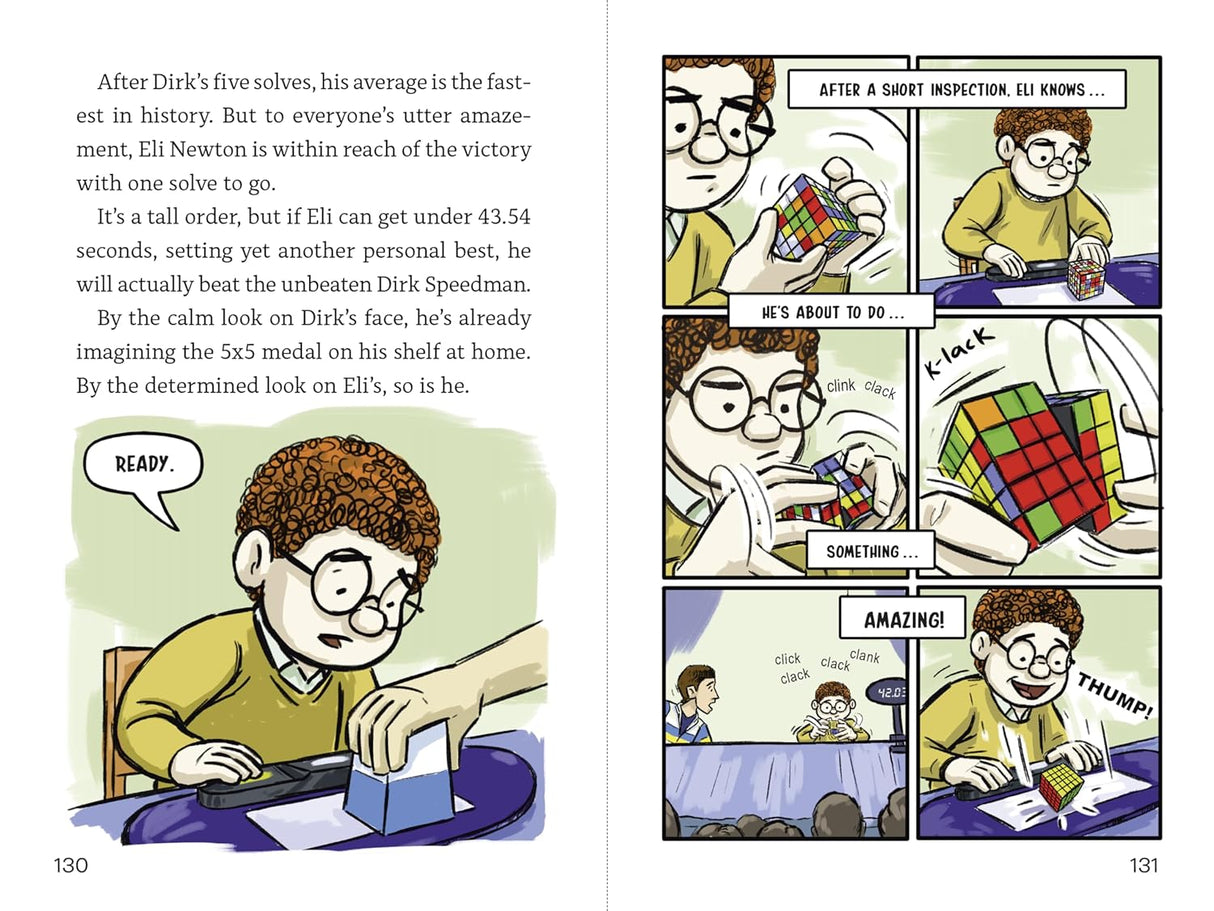 Lucky Scramble graphic novel pages showing a young boy solving a Rubik’s cube in a competition setting.