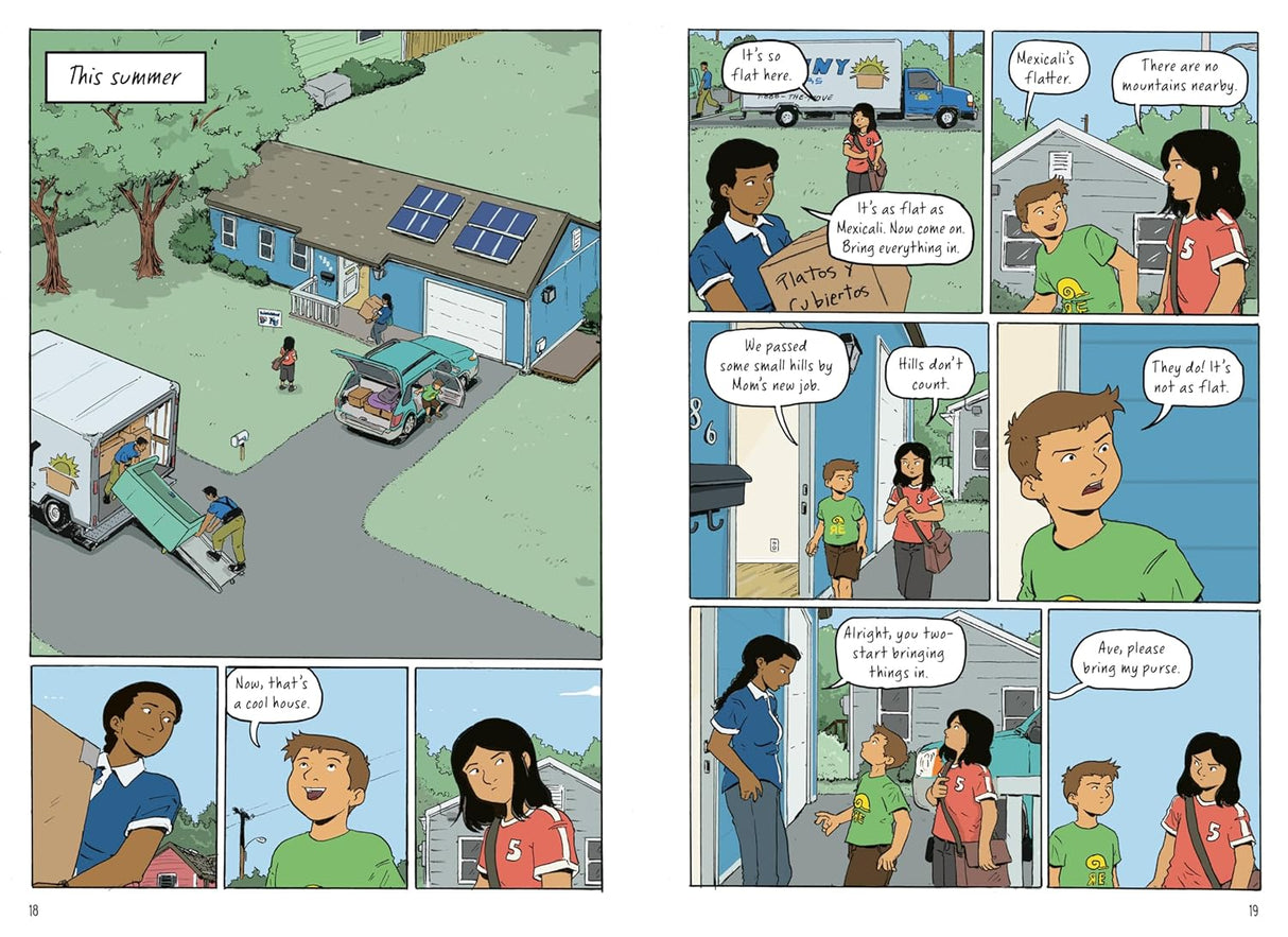 Halfway to Somewhere graphic novel pages showing a new home move and middle school kids adjusting to change.