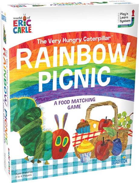 The Very Hungry Caterpillar’s Rainbow Picnic food matching game with colorful picnic items and caterpillar illustration.