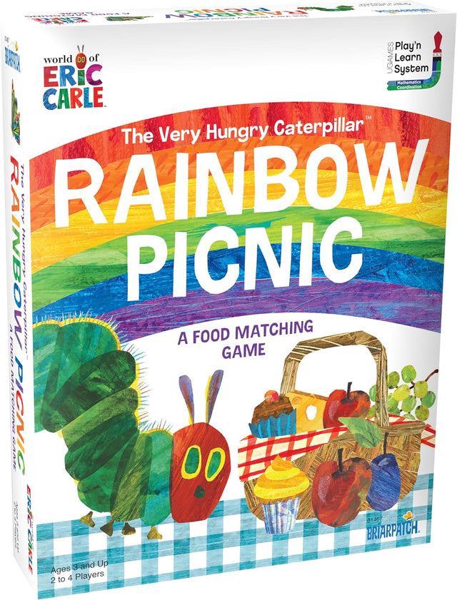The Very Hungry Caterpillar’s Rainbow Picnic food matching game with colorful picnic items and caterpillar illustration.