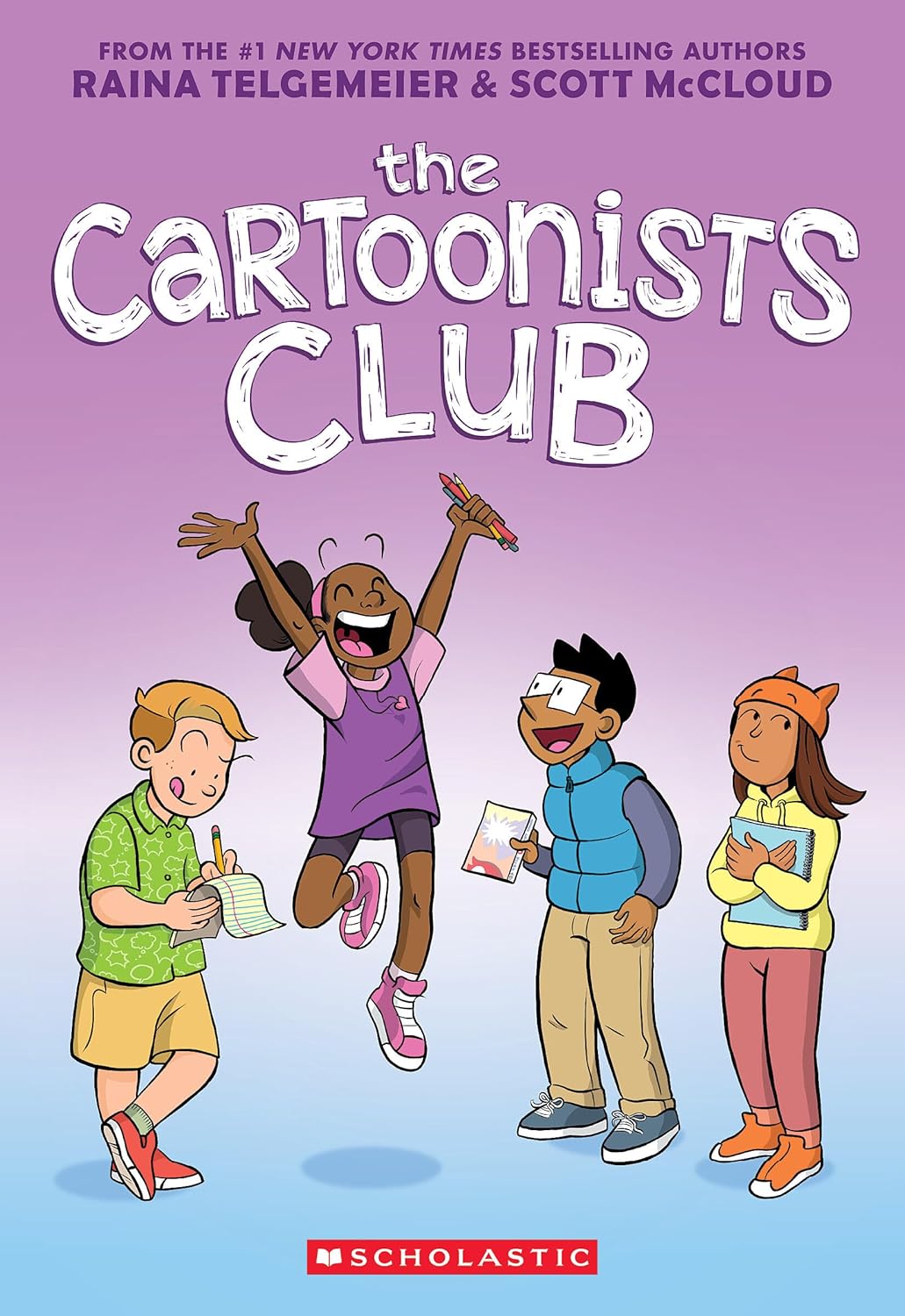 The Cartoonists Club book cover with four diverse kids happily drawing and sharing comic ideas together.