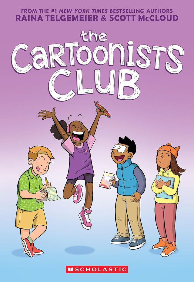 The Cartoonists Club book cover with four diverse kids happily drawing and sharing comic ideas together.