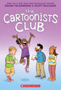 The Cartoonists Club book cover with four diverse kids happily drawing and sharing comic ideas together.