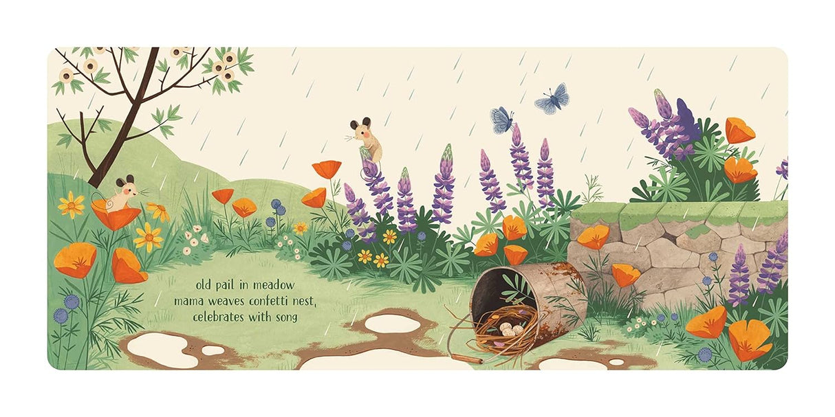 Peek A Boo Haiku Lift the Flaps board book page showing meadow scene with mice, flowers, and a hidden animal under a flap.