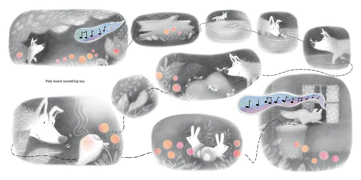 Pete and Leonie The Great Baby Swap illustration showing a coyote cub hearing music and exploring outdoors in grayscale.