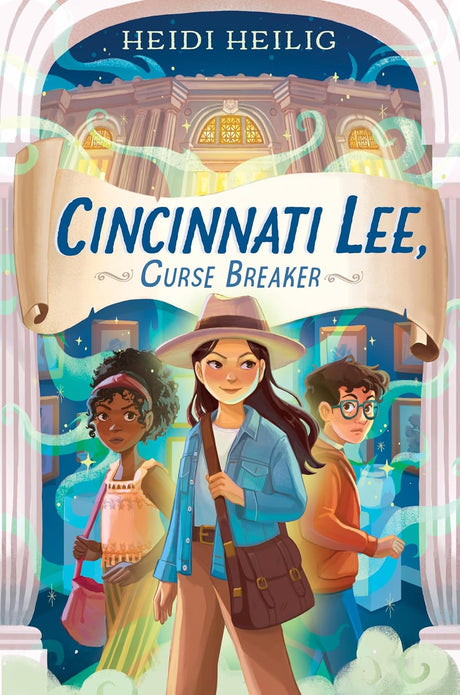 Cincinnati Lee, Curse Breaker book cover showing three kids at a museum with magical glowing swirls under a starry night sky.