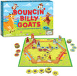 Bouncin' Billy Goats board game with colorful trampolines, goat movers, and strategic tile placement for family fun.