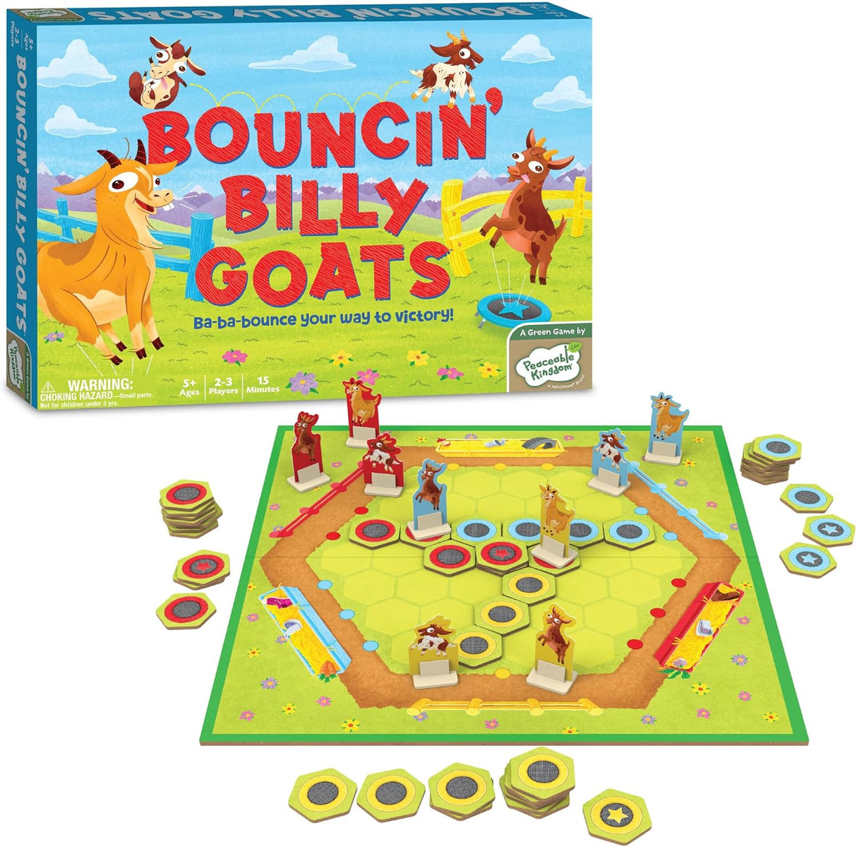Bouncin' Billy Goats board game with colorful trampolines, goat movers, and strategic tile placement for family fun.