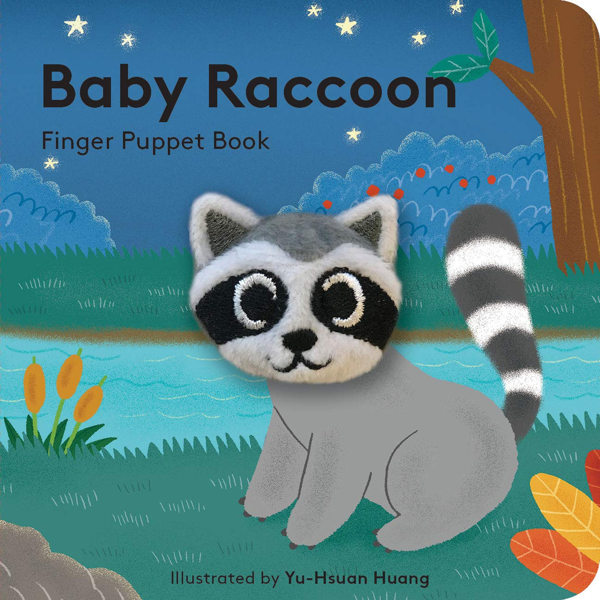 Baby Raccoon BB FIP features a soft plush finger puppet attached to a colorful baby finger puppet book cover.