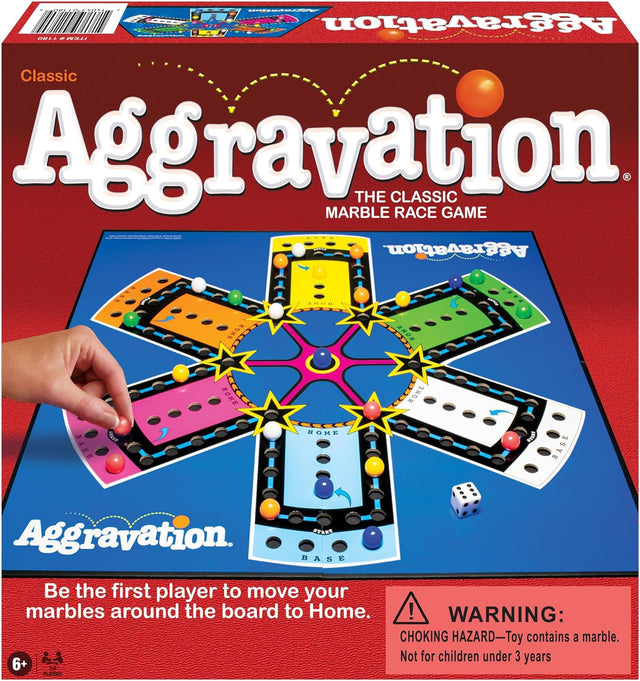 Aggravation board game showing colorful marble paths and hand moving marbles in classic race game for 2 to 6 players.