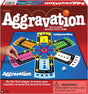Aggravation board game showing colorful marble paths and hand moving marbles in classic race game for 2 to 6 players.