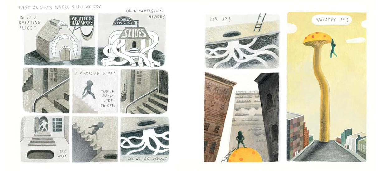 Illustrated story panels from Drawing Is...Your Guide to Scribble Adventures showing a whimsical journey with stairs and ladders.