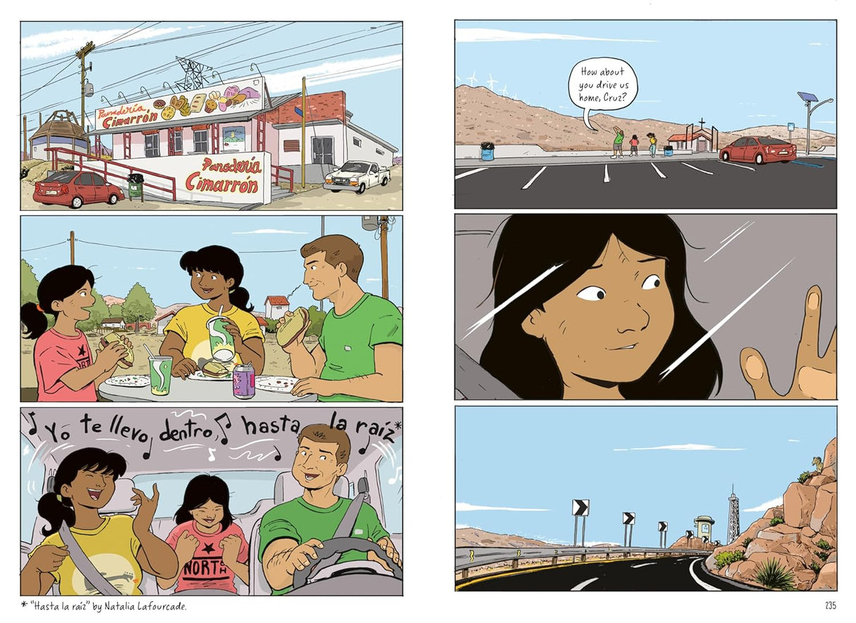 Pages from the graphic novel Halfway to Somewhere showing family road trip scenes and conversations in a new country.