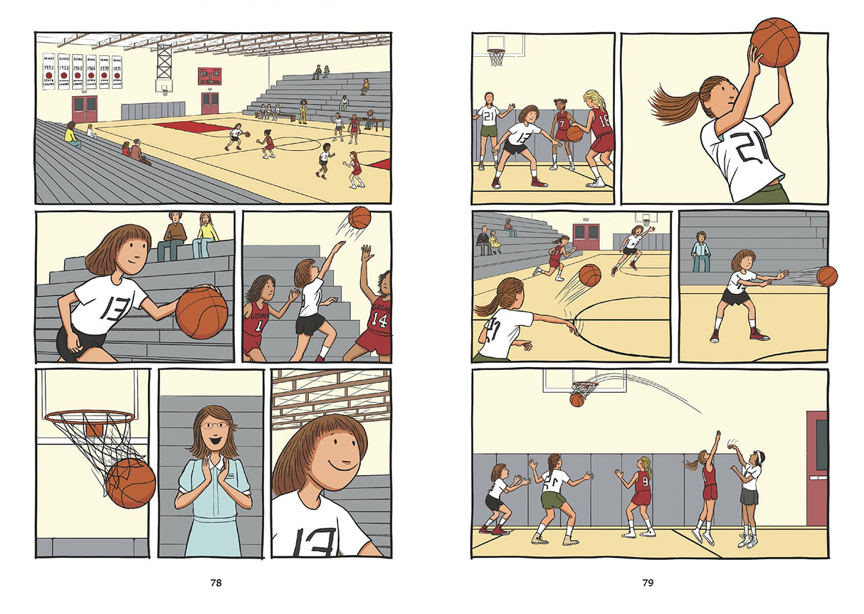 Hoops graphic novel pages showing young girls playing basketball in a school gym, capturing team spirit and determination.
