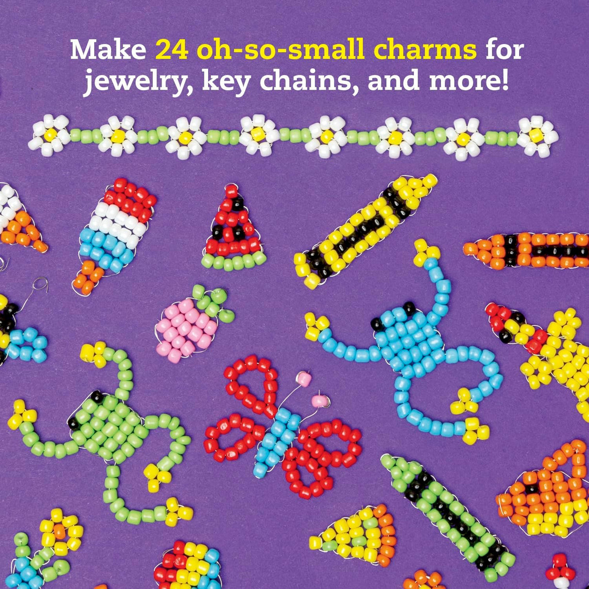 Beadlings Itty Bitty Charms colorful miniature bead designs including watermelon, butterfly, frog, and flowers on purple background.