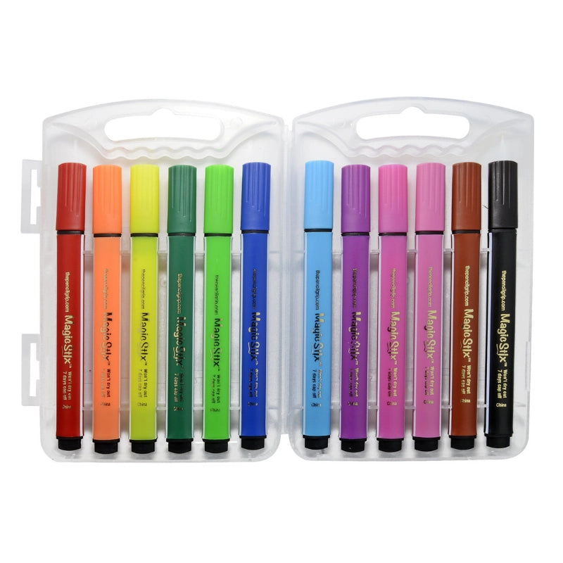 Magic Stix Markers 12pc set in a clear case with vibrant washable, non-toxic colors and easy-grip triangular barrels.