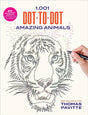 1001 Dot to Dot Amazing Animals book cover featuring a hand connecting dots forming a tiger face puzzle.