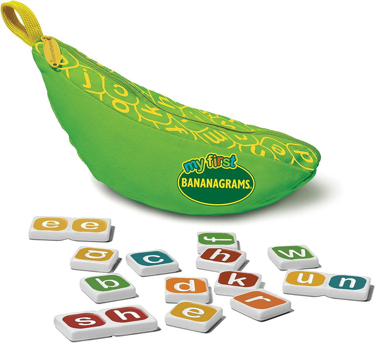 Bananagrams | My First word game with colorful lowercase letter tiles and a green banana-shaped pouch for early learners.