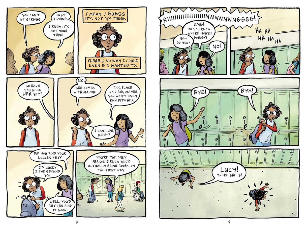 Illustrated comic panels from the book Duel showing middle school scenes and characters interacting nervously and playfully.