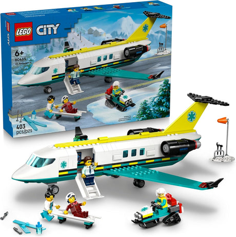 LEGO City emergency air ambulance airplane with pilot, paramedics, patient stretcher, and snow scooter rescue scene.