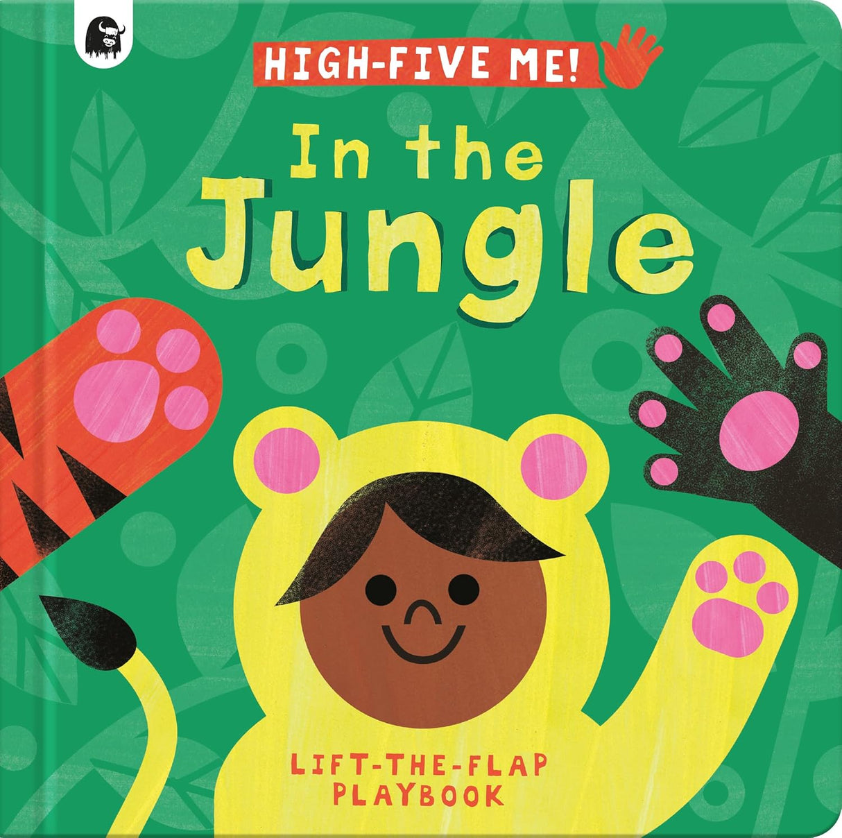 High-Five Me! In the Jungle board book cover with colorful animal paws and a child in a yellow jungle costume.