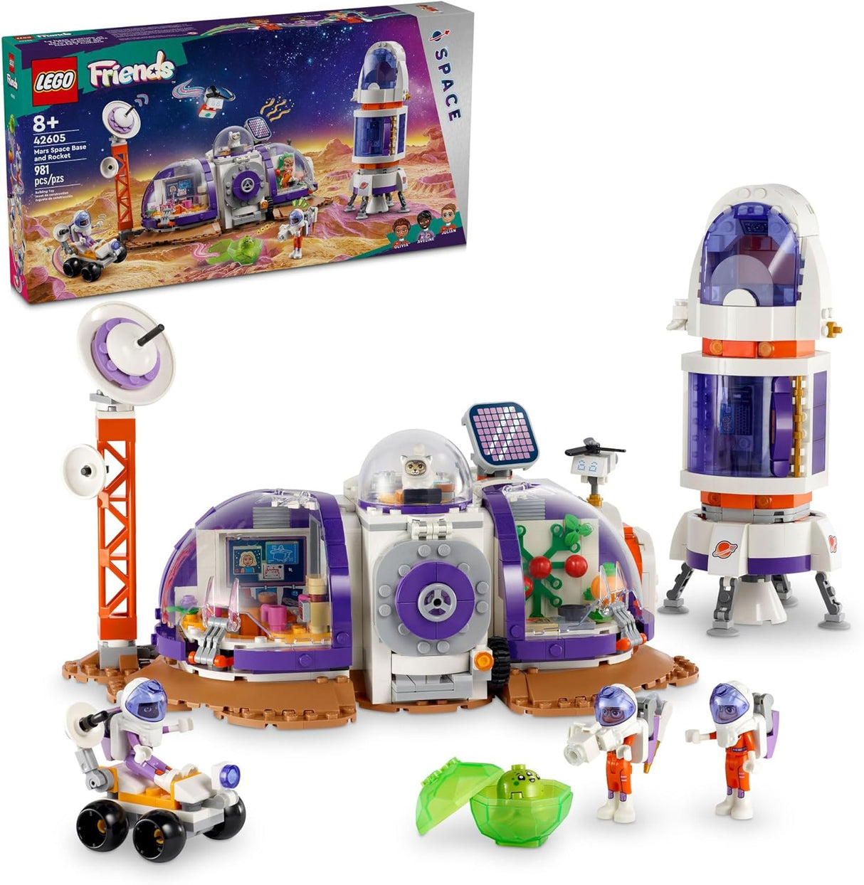 LEGO Friends Mars Space Base with rocket, rover, mini-dolls, and cat for imaginative space exploration play.