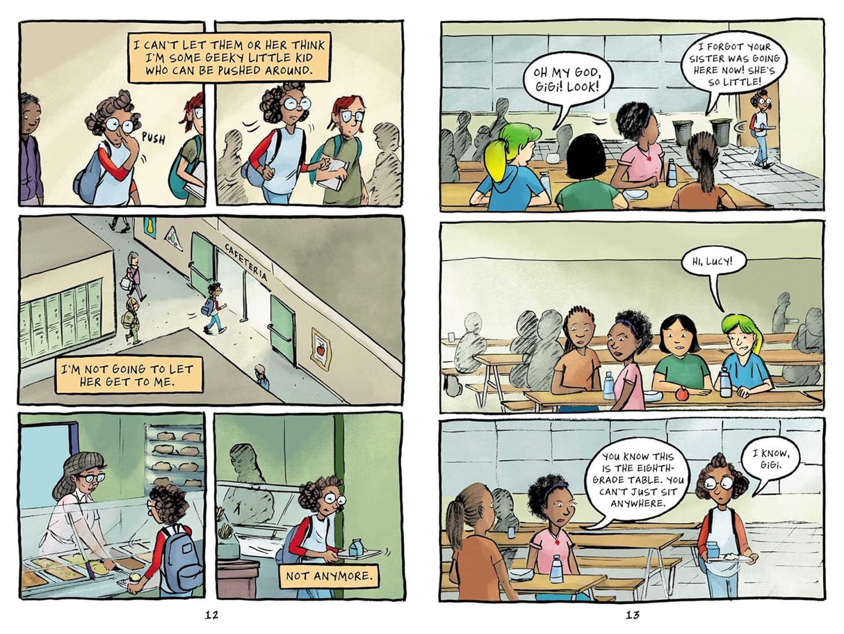 Duel comic pages showing middle school kids in school hallway and cafeteria with sister rivalry and friendship scenes.