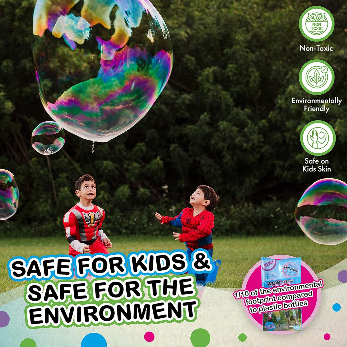 WOWmazing Bubbles Concentrate Refill 3 Pack with non-toxic, eco-friendly bubble solution safe for kids and environment.