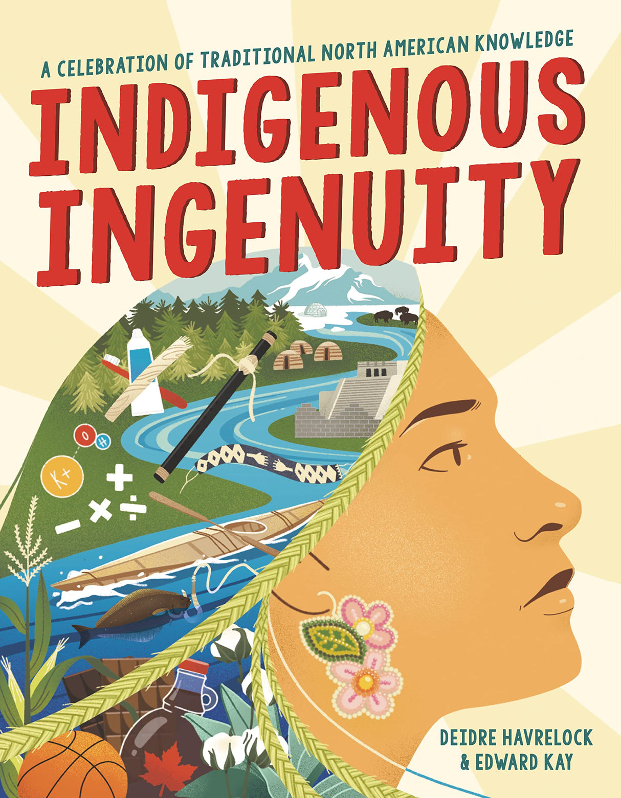 Cover of Indigenous Ingenuity showing a profile with traditional knowledge symbols and inventions from North America.