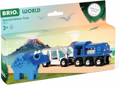 Special Edition Train 2025 with silver-blue dinosaur-themed train and blue Triceratops toy in packaging.