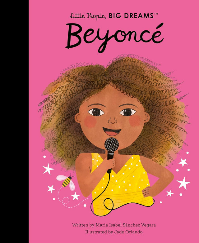 Little People, Big Dreams: Beyoncé book cover with illustrated young Beyoncé holding a microphone on pink background