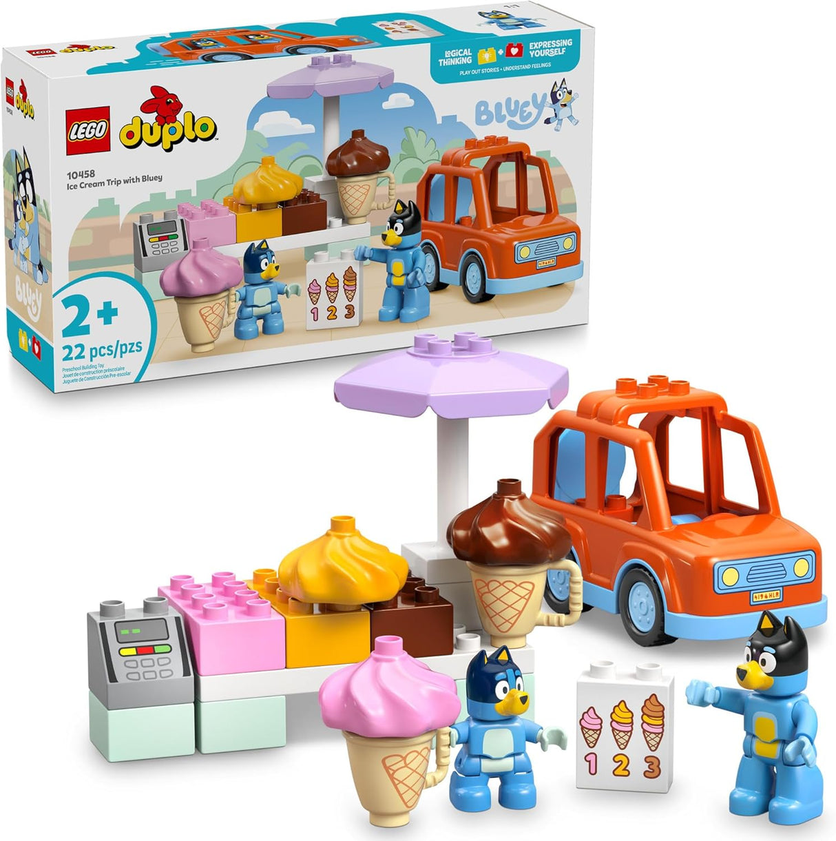 LEGO Duplo ice cream shop playset with Bluey characters, colorful scoops, toy car, and umbrella for toddlers.
