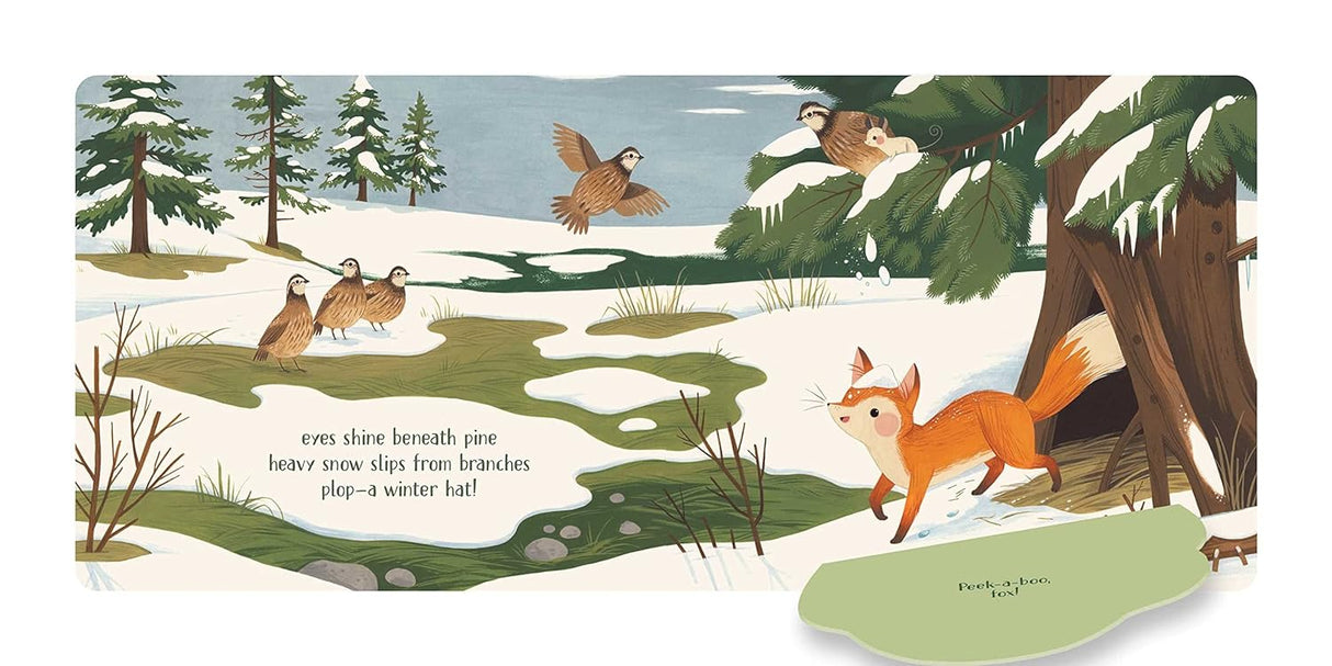 Peek A Boo Haiku Lift the Flaps showing winter forest scene with fox, birds, and snow-covered trees in a children's board book.