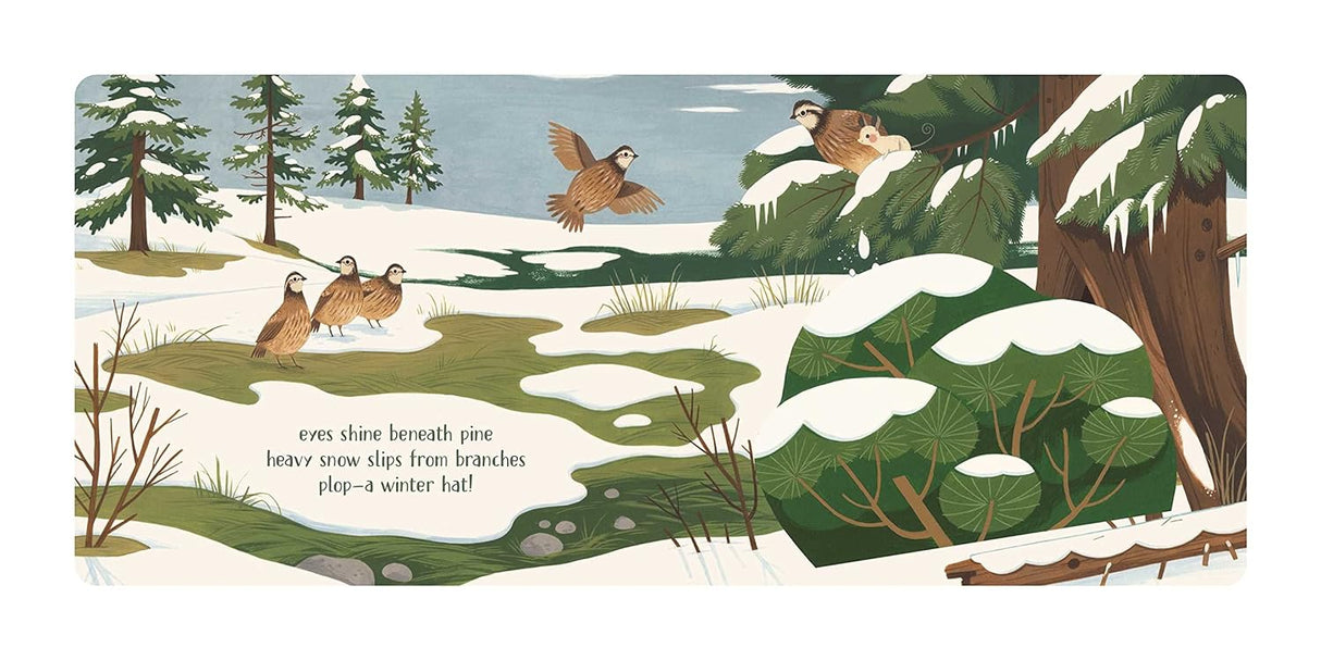 Peek A Boo Haiku Lift the Flaps board book winter scene with birds and snowy pine trees illustration for ages 2-4.