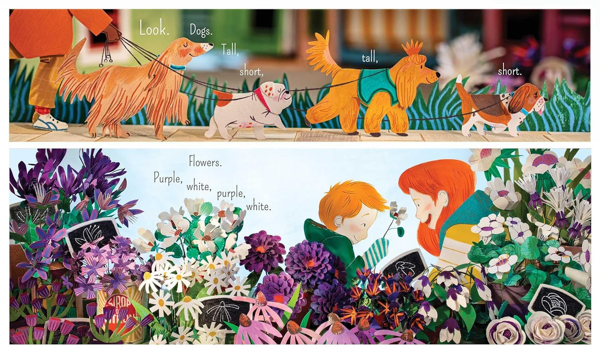 Look product page showing colorful diorama illustrations of dogs and flowers from the picture book for ages 4-8.
