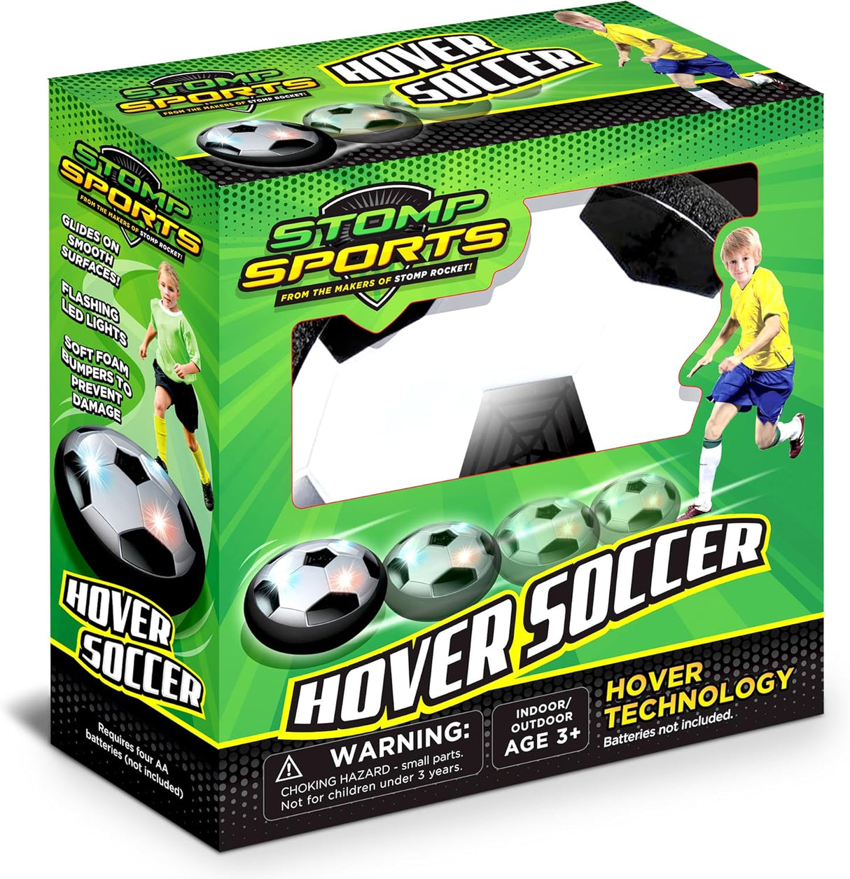 Stomp Sports Hover Soccer toy with soft foam edges and LED lights for indoor smooth surface play ages 3 and up