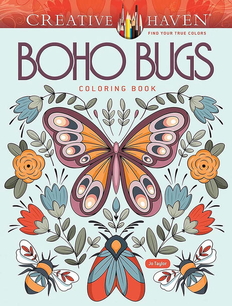 Boho Bugs Coloring Book cover with a butterfly, bees, flowers, and leaves in a calming bohemian style illustration.