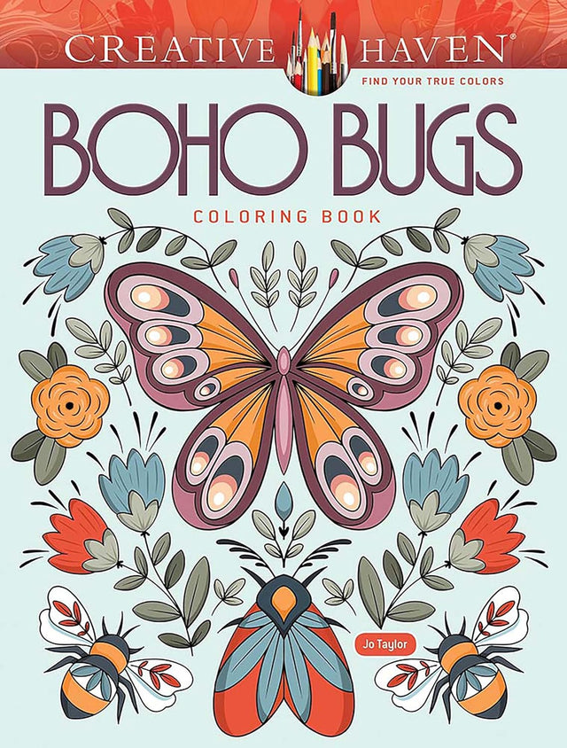 Boho Bugs Coloring Book cover with a butterfly, bees, flowers, and leaves in a calming bohemian style illustration.